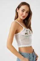 Women's Floral Embroidered Crochet Cropped Cami in White Large