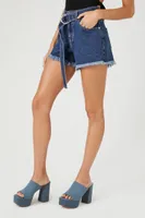 Women's Belted Frayed Denim Shorts in Dark Denim, 26