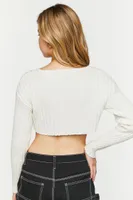 Women's Ribbed V-Hem Long-Sleeve Crop Top in Vanilla Medium