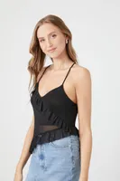 Women's Sheer Mesh Ruffled Cami in Black, XS