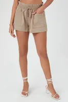 Women's Drawstring Paperbag Shorts in Taupe, XL