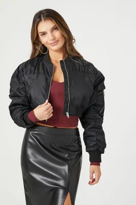 Women's Ruched-Sleeve Cropped Bomber Jacket
