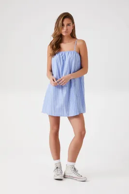 Women's Pinstriped Poplin Mini Dress in Light Blue, XL