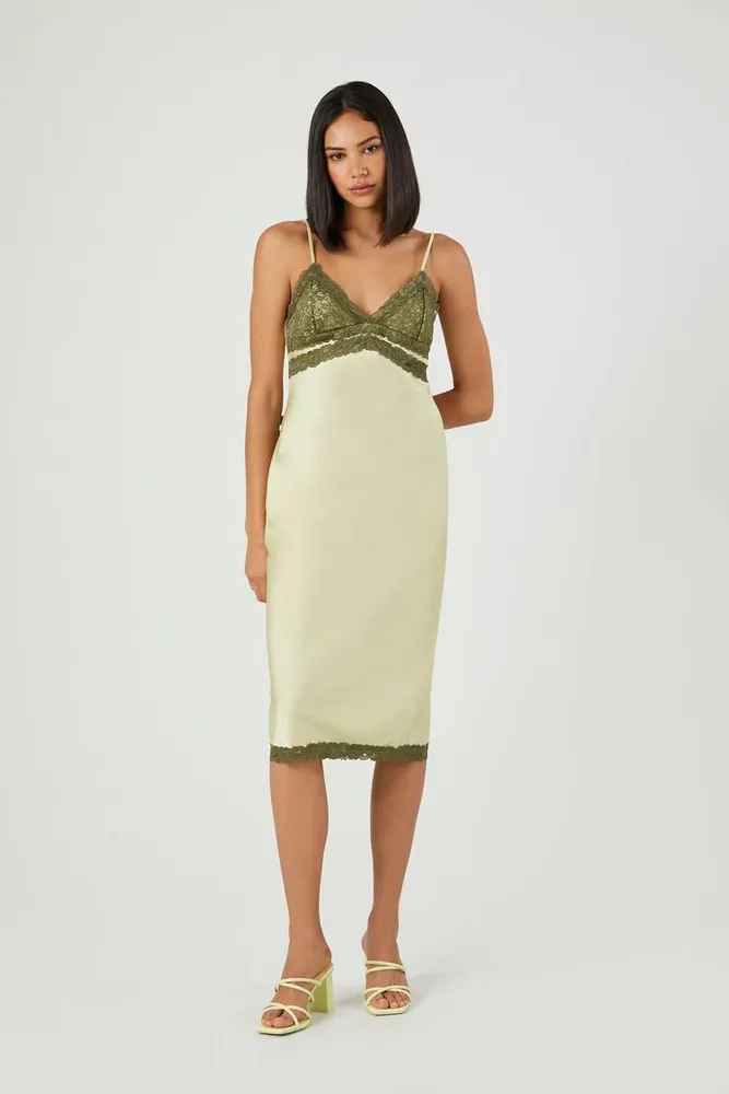 Women's Satin Lace-Trim Midi Dress in Cypress /Pistachio Small