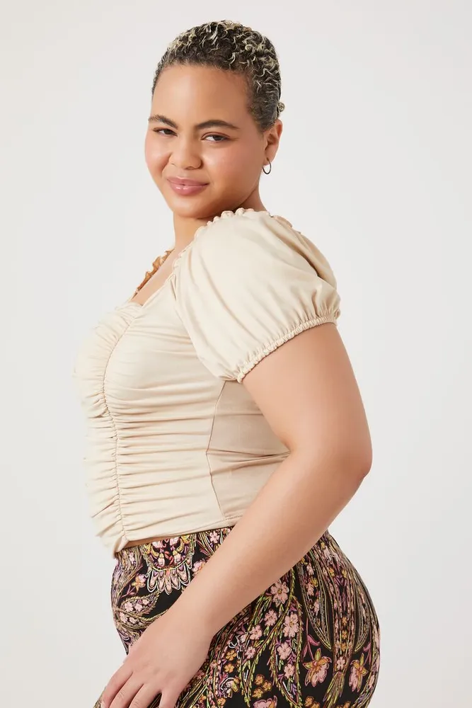 Women's Ruched Puff-Sleeve Crop Top