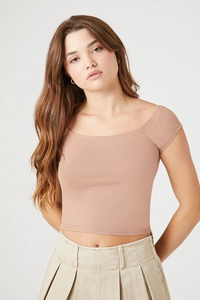 Women's Cotton Off-the-Shoulder Cropped T-Shirt in Goat Large