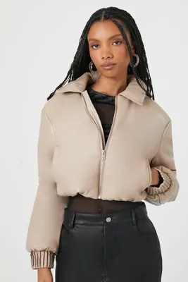 Women's Cropped Faux Leather Bomber Jacket in Nude Small