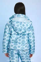 Women's Hello Kitty Heart Print Puffer Jacket in Baby Blue Small