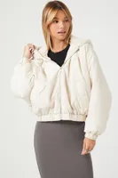 Women's Faux Fur Hooded Bomber Jacket in White Medium