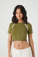 Women's Cropped Striped-Trim T-Shirt in Olive/White, XS