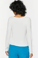 Women's Shirred Long-Sleeve V-Neck Top in White Large