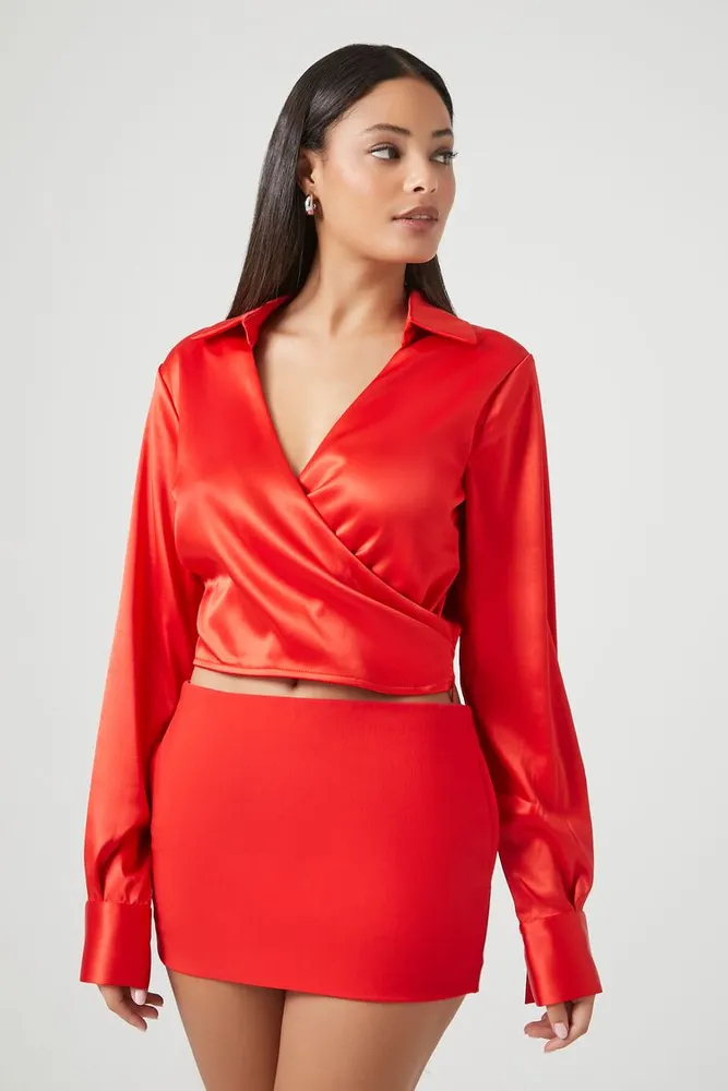 Women's Satin Surplice Crop Top Red