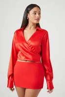 Women's Satin Surplice Crop Top Red