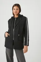 Women's Varsity-Striped Zip-Up Hooded Blazer in Black/Black Small