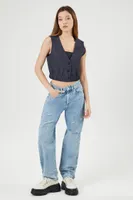 Women's Cropped Button-Up Vest in Dark Denim Medium