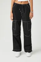 Women's Poplin Contrast-Seam Cargo Pants in Black/White Medium