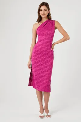 Women's Abstract Print One-Shoulder Midi Dress in Fuchsia, XL