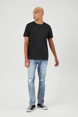 Men Distressed Paint Splatter Jeans Dark Denim,