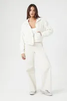 Women's Ribbed Cropped Bomber Jacket in White, XL