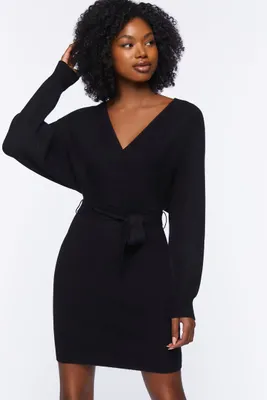 Women's Surplice Long-Sleeve Sweater Dress in Black Medium