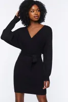 Women's Surplice Long-Sleeve Sweater Dress Black