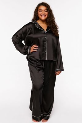 Women's Satin Piped-Trim Pajama Pants in Black/White, 2X