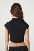 Women's Ribbed Split-Neck Crop Top in Black Large