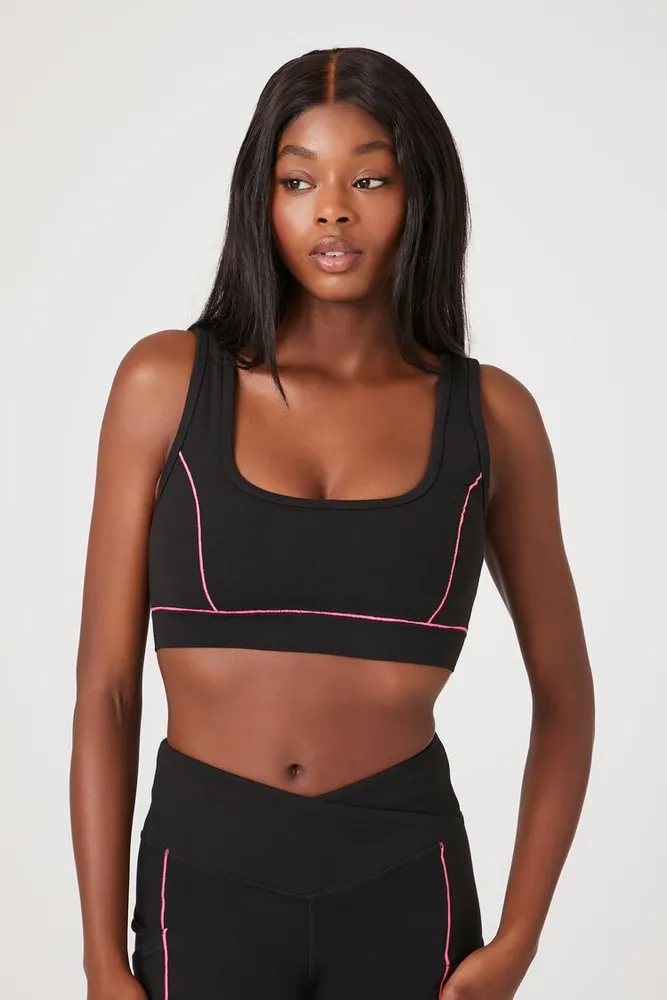 Forever 21 Women's Contrast-Seam Sports Bra in Black/Hot Pink
