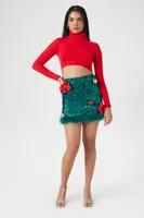 Women's Christmas Bow & Ornament Sequin Mini Skirt in Green Small