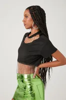 Women's Rhinestone Fringe Cropped T-Shirt in Black Large