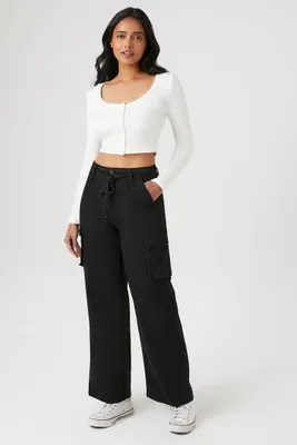 Women's Twill Drawstring Cargo Pants in Black Large