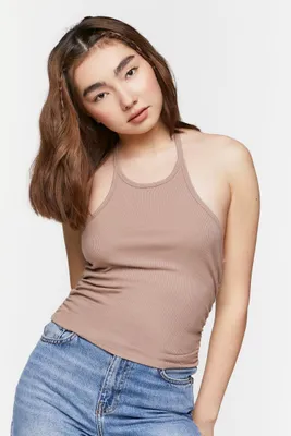 Women's Ruched Sleeveless Halter Crop Top Taupe