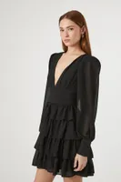 Women's Chiffon Ruffle Mini Dress in Black, XL