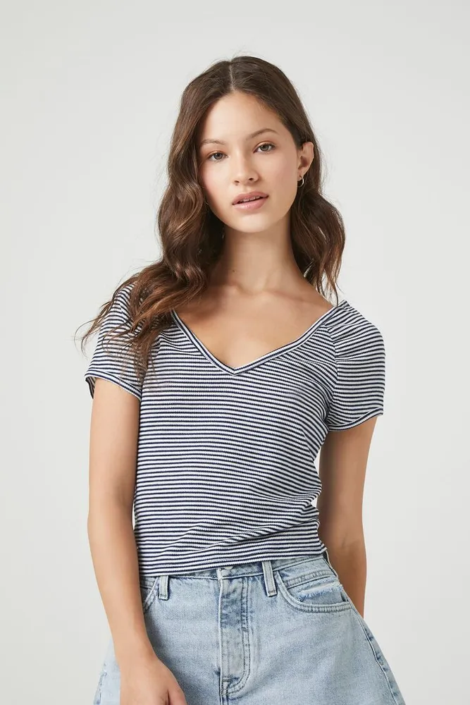 Forever 21 Women\'s Striped Rib-Knit T-Shirt Large | CoolSprings Galleria