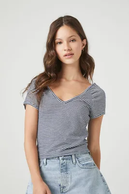 Women's Striped Rib-Knit T-Shirt in Navy/Ivory Medium