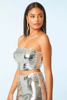 Women's Sequin Cropped Tube Top in Silver Large