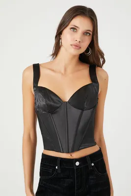 Women's Satin Bustier Crop Top in Black, XS