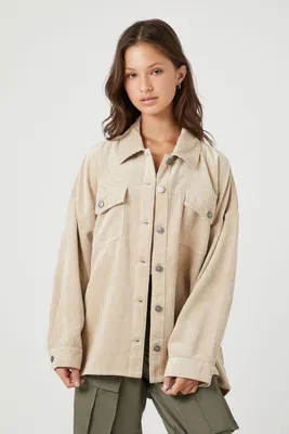 Women's Corduroy Drop-Shoulder Shacket in Khaki Small