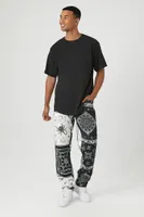 Men Satin Paisley Print Slim-Fit Pants in Black/Cream, 31