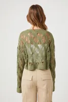 Women's Sheer Cropped Crochet Sweater in Olive Medium