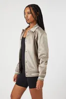 Women's Satin Varsity-Striped Bomber Jacket in Castlerock Medium