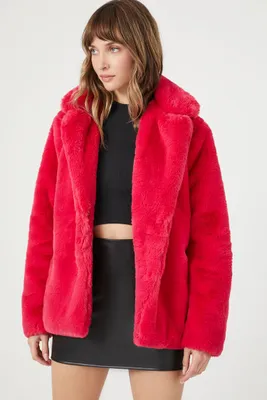 Women's Notched Faux Fur Coat in Pink Small