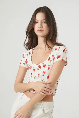 Women's Heart Cherry Print Cropped T-Shirt in Vanilla/Red Medium