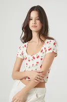 Women's Heart Cherry Print Cropped T-Shirt