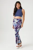 Women's Abstract Floral Print Mesh Maxi Skirt in Purple Small