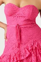 Women's Lace Sweetheart Ruffle-Trim Dress in Hot Pink Medium