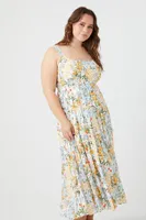 Women's Floral Print Maxi Dress in White, 2X