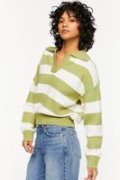 Women's Striped Collared Sweater in Green/Cream Small