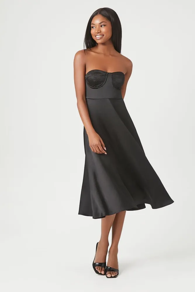 Women's Satin Sweetheart Midi Dress in Black Small