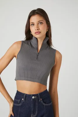 Women's Seamless Half-Zip Crop Top in Charcoal Small